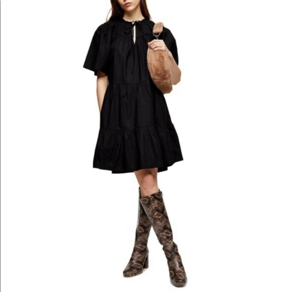 TopShop a-line trapeze poplin cotton dress black tiered ruffle Size 8